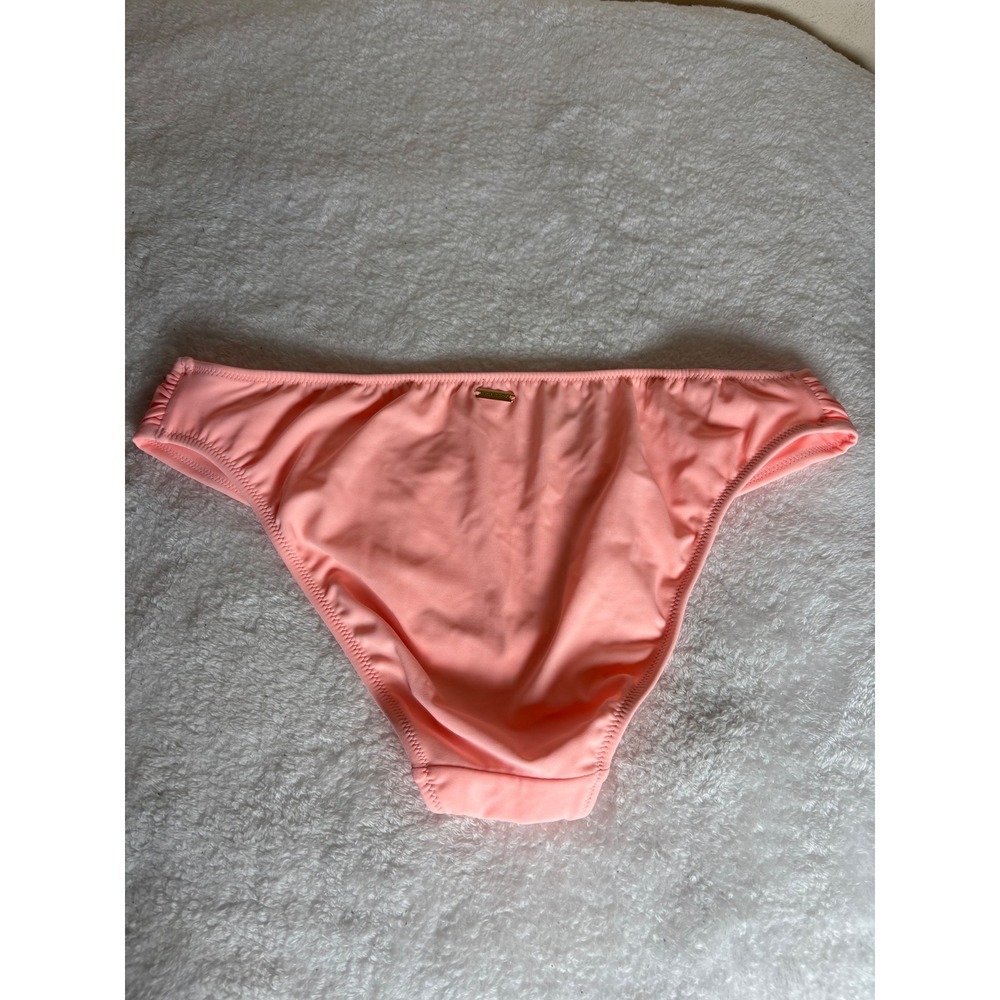Victorias Secret Peach Coral Ruched Side Bikini Bottoms Gold Logo Size L
